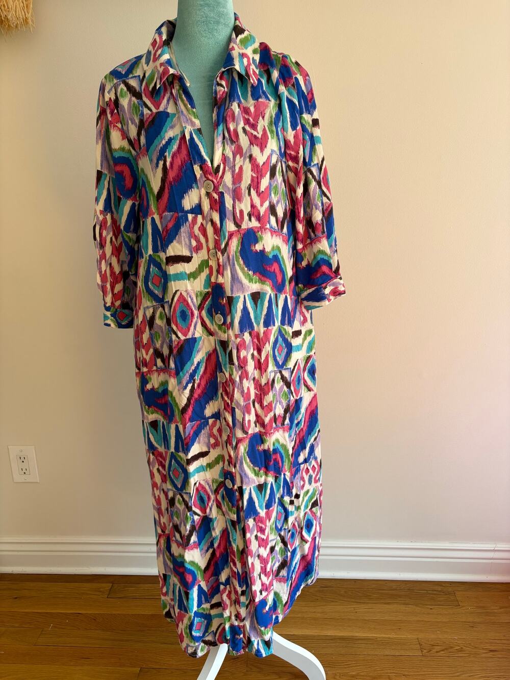 Zara Multicolor Ikat Geometric Print Maxi Shirt Dress Boho Retro Long Sleeve